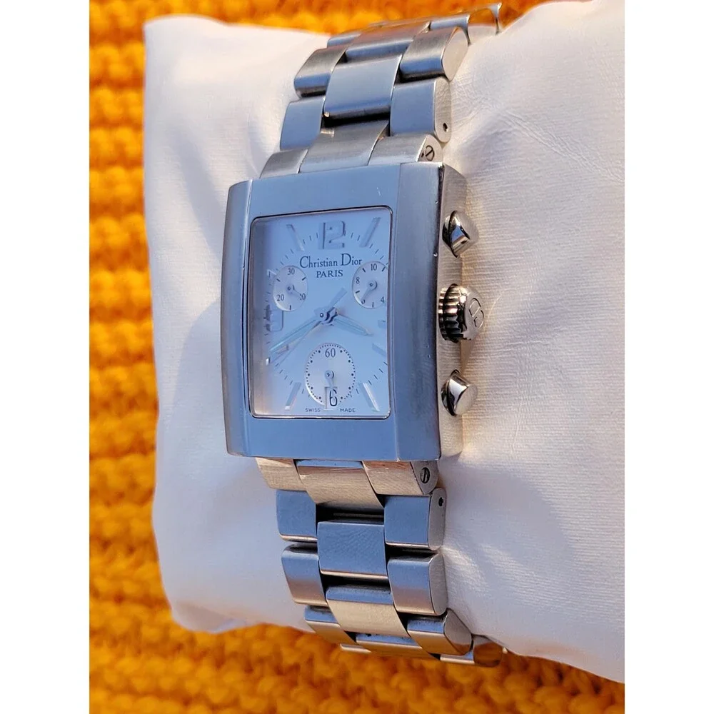 Christian Dior Riva Chronograph Watch Silver Rectangular Swiss Made Luxury